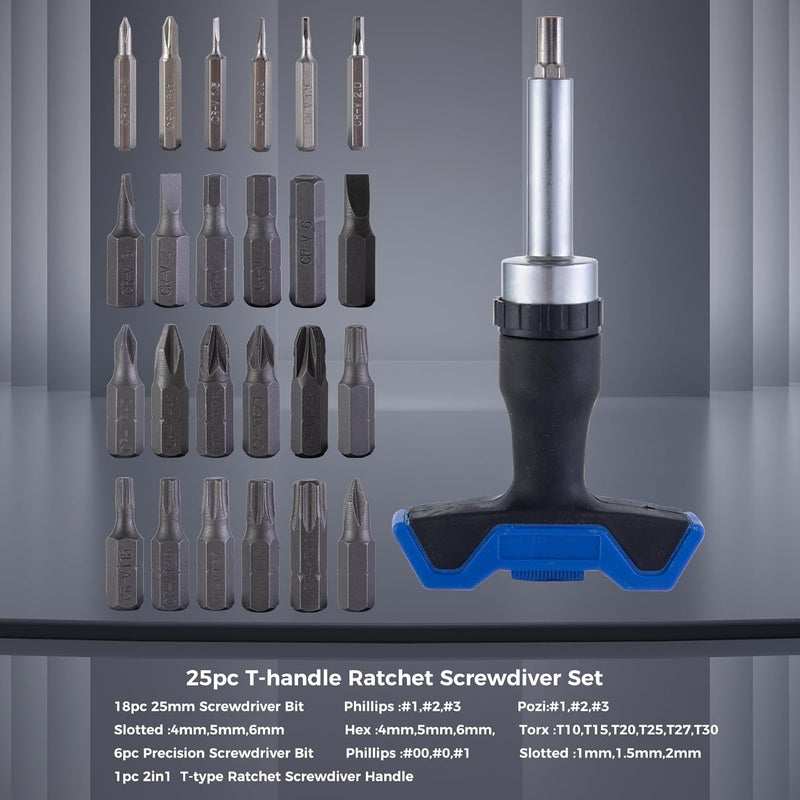 MDBTTOOLS 25pc T-Handle Screwdriver Set - Multi Bit Screwdriver Kit (Phillips, Pozi, Slotted, Hex, Torx) & 6pc Precision Bits + 2-in-1 T-Type (Black -25 pieces) - Image 4